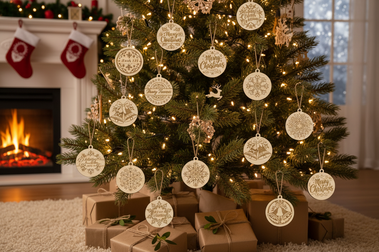 Christmas tree with engraved ornaments on it