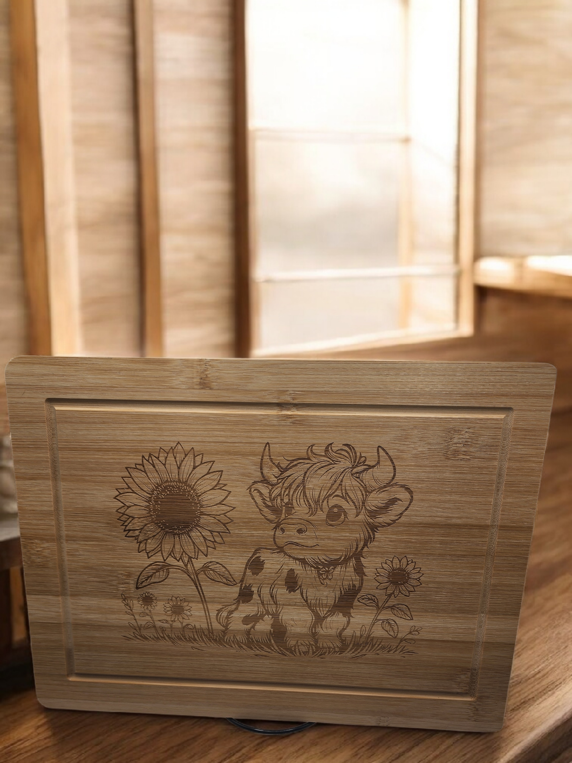 Custom Engraved 13x9 Wooden Cutting Board - Sunflowers and Cow