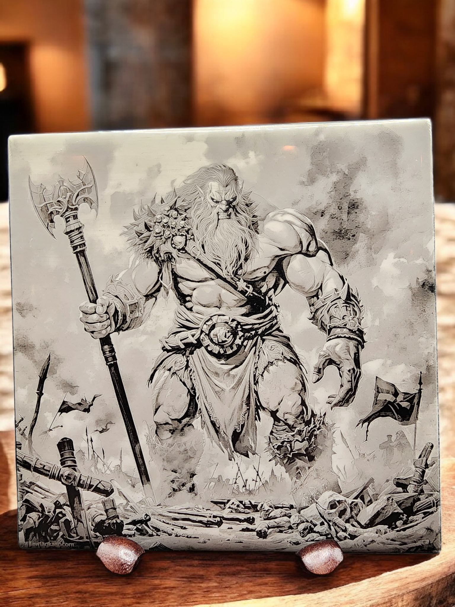 Mythic Warrior Battle Plaque – Epic Fantasy Art Tile - 4x4