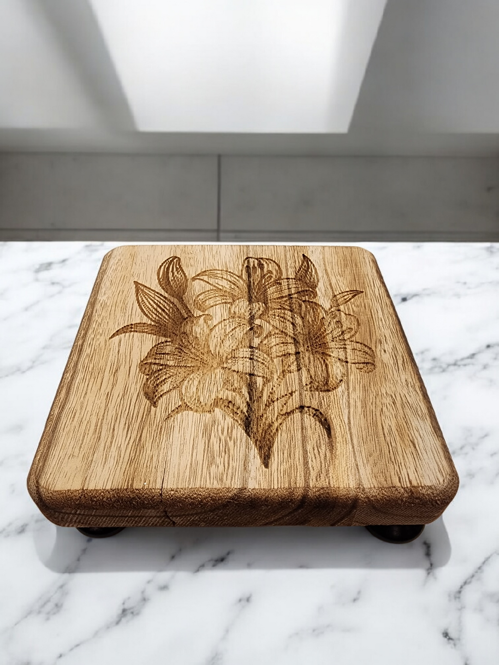 Wooden Engraved Plant Stand - Lilies