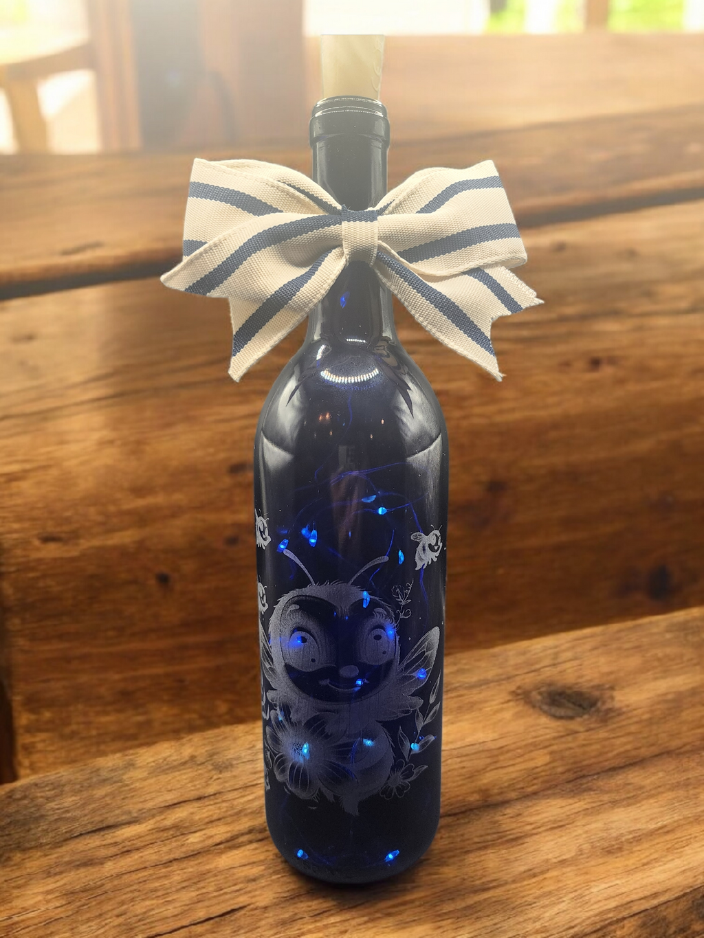Etched Blue Glass Lighted Bottle – Bee Design with Fairy Lights