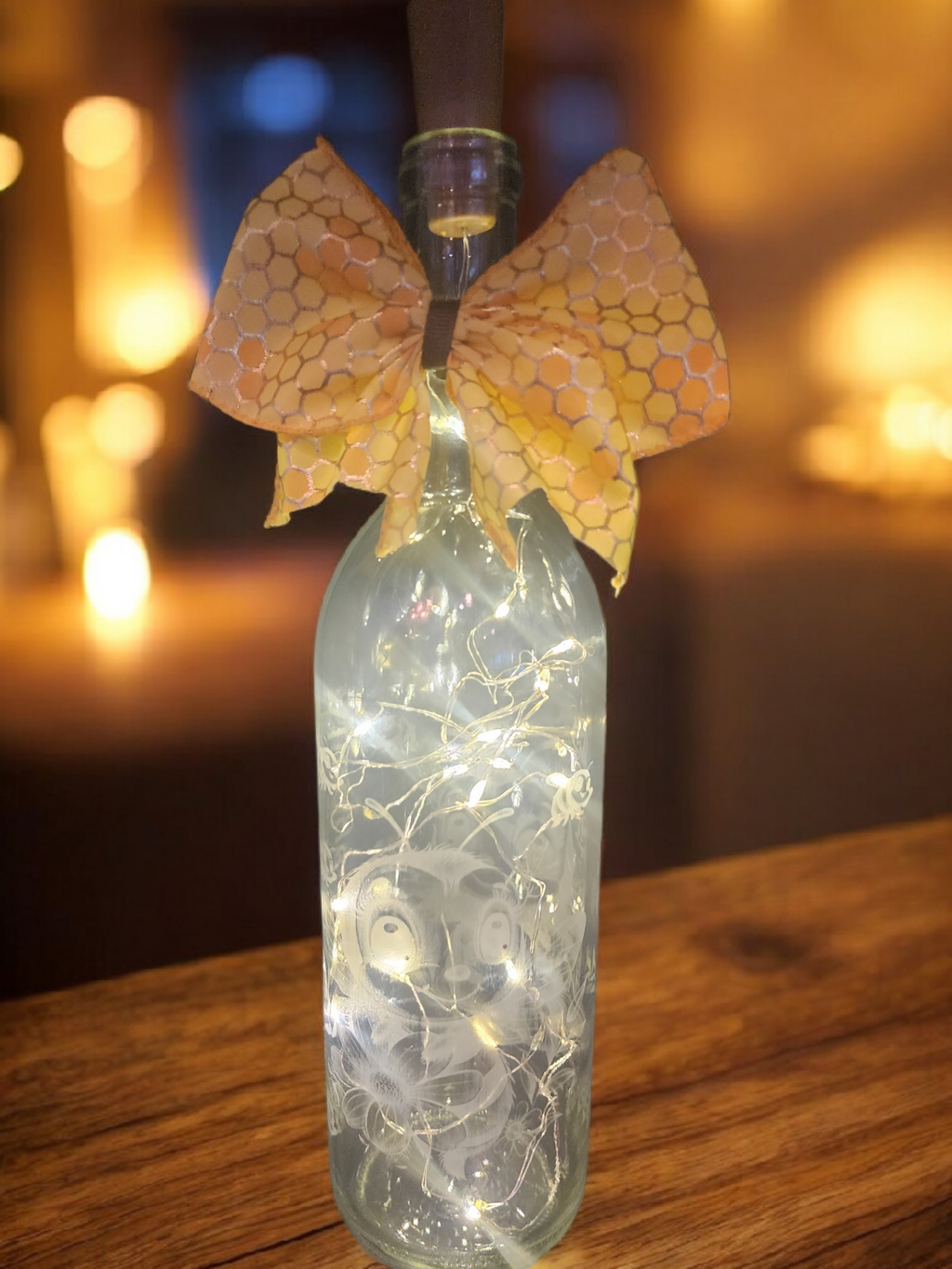 Etched Glass Lighted Bottle – Bee Design with Fairy Lights