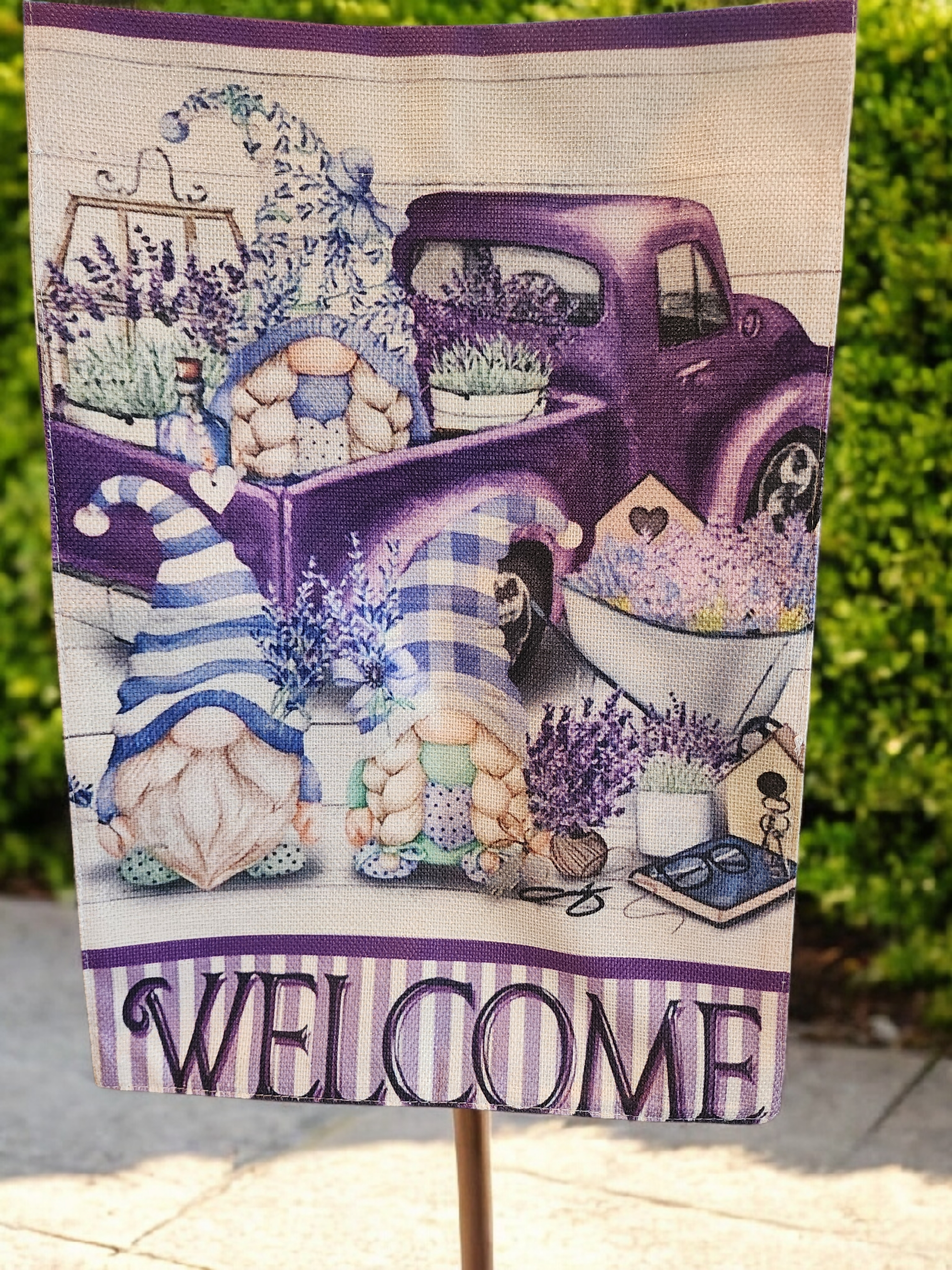 12 x 18 Garden Flag - Welcome Gnomes Purple