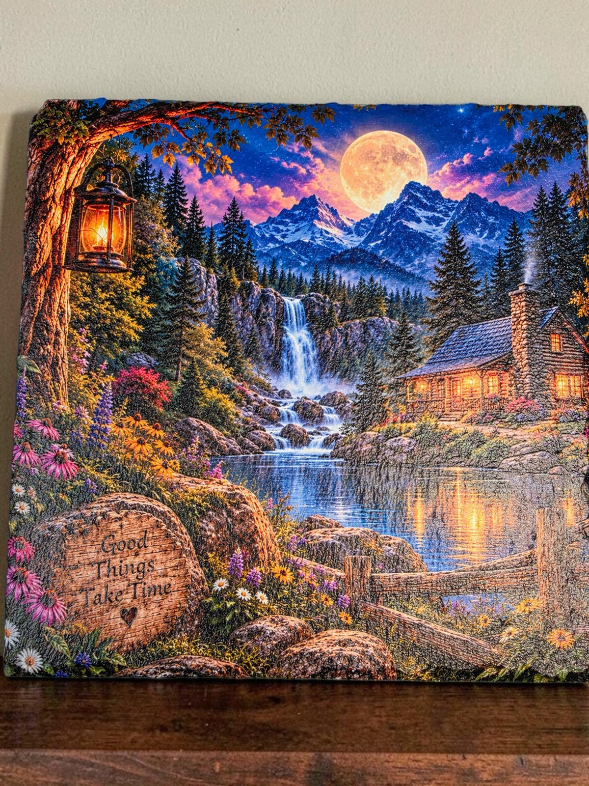 Mountain Cabin & Waterfall UV-Printed Slate