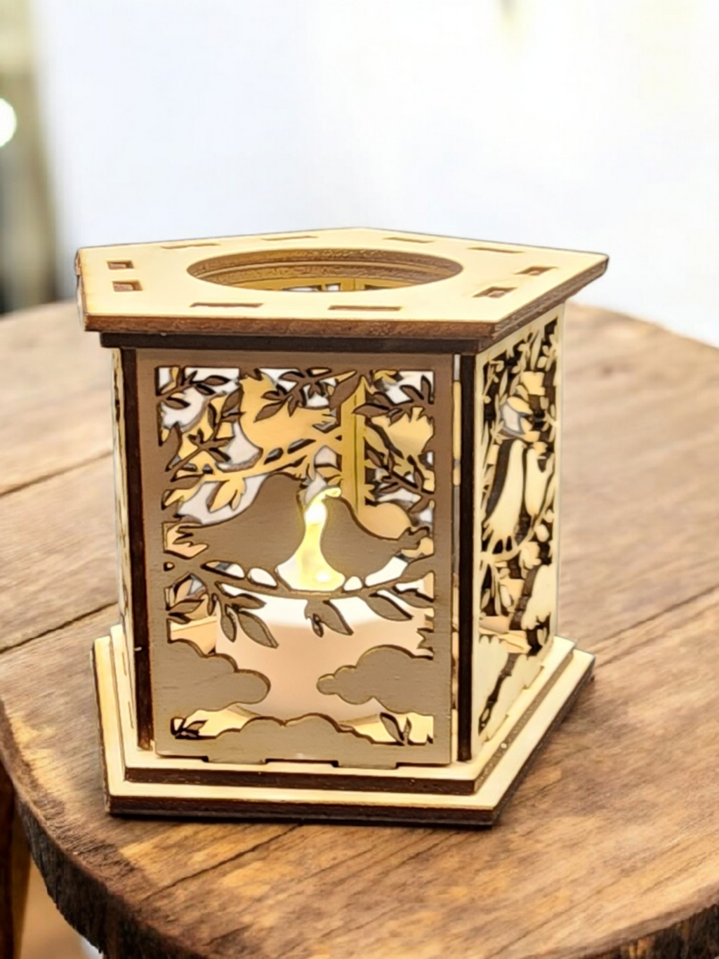 Lighted Love Birds Wooden Lantern – LED Tea Light Tabletop Decor