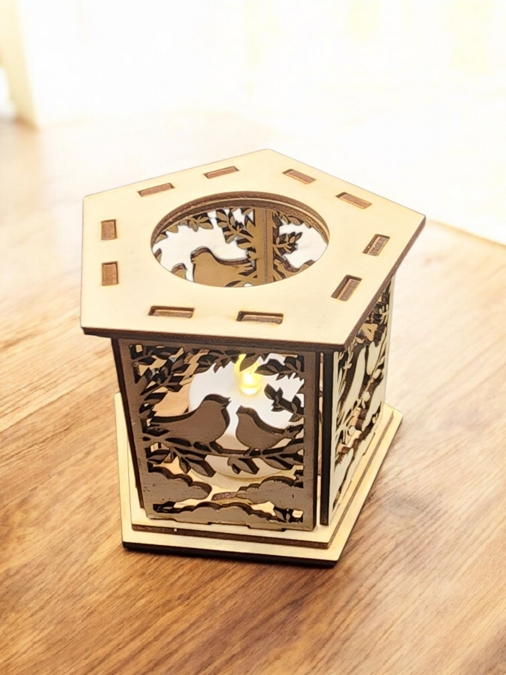 Lighted Love Birds Wooden Lantern – LED Tea Light Tabletop Decor