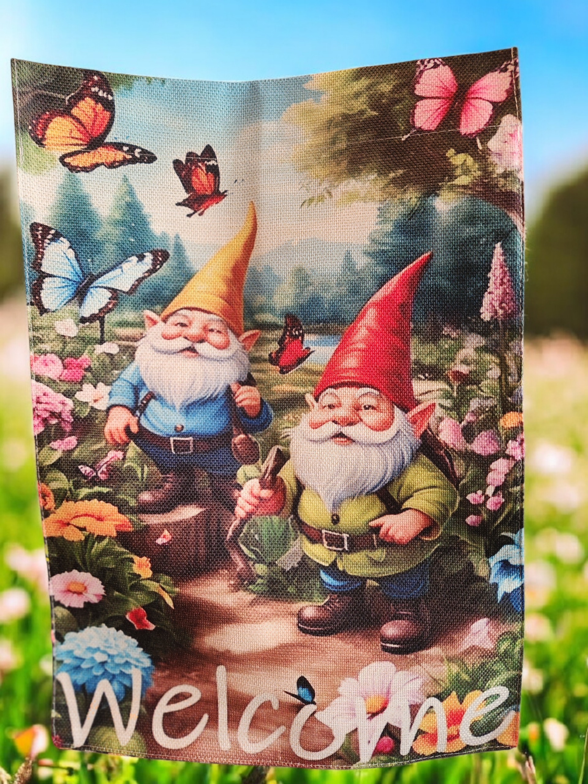 12 x 18 Garden Flag - Butterflies and Gnomes
