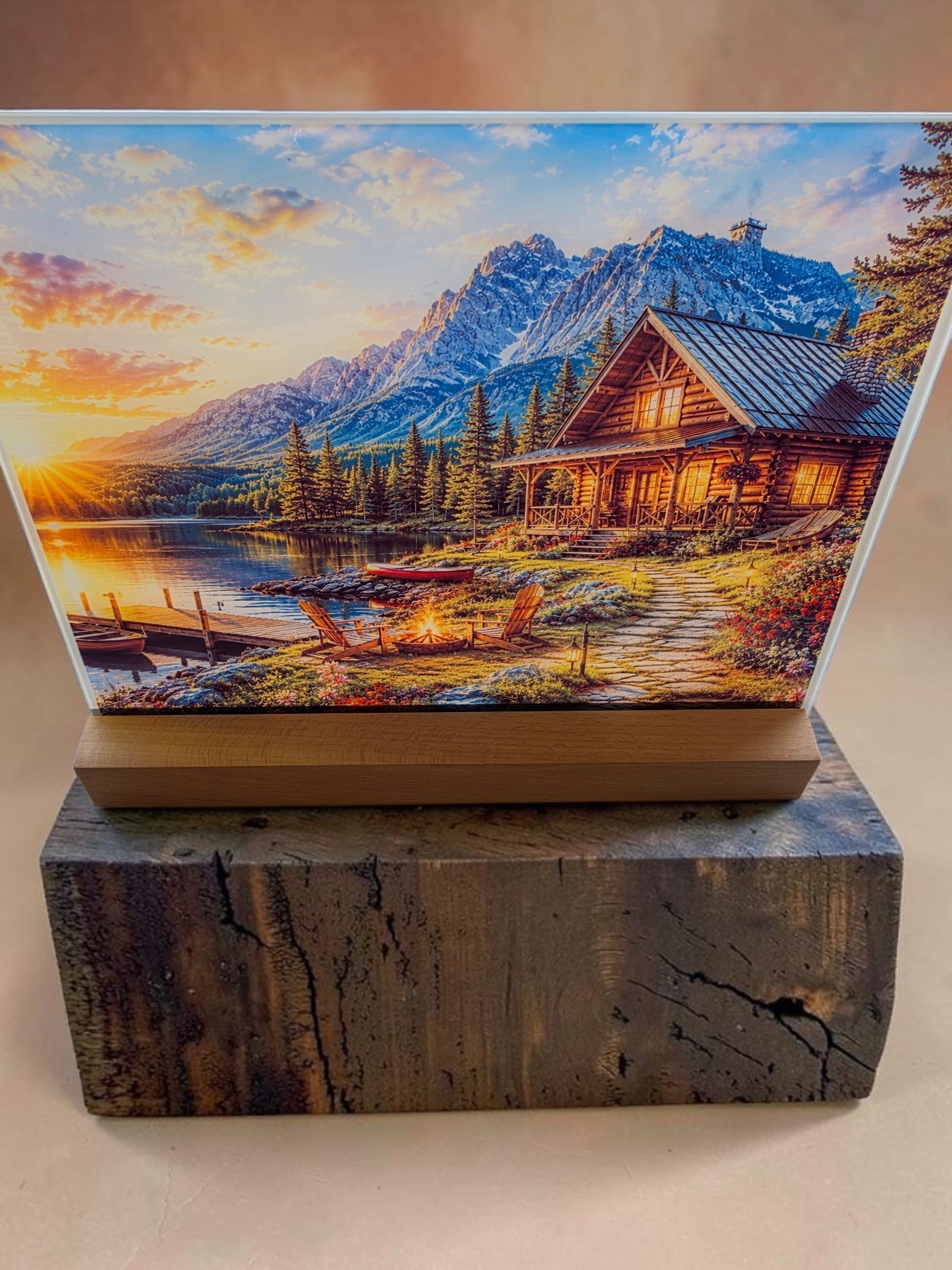 Rustic Mountain Cabin LED Glass Light