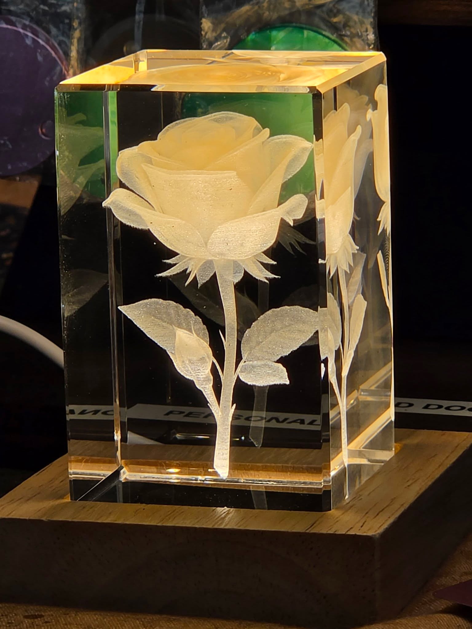 3D Engraved Rose Crystal Glass Keepsake with LED Base