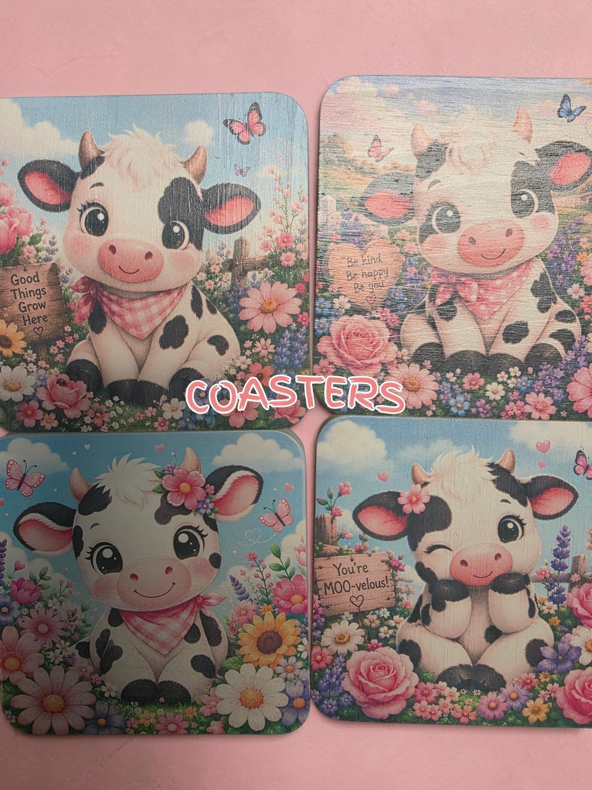 Cute Highland Cow Floral Coaster Set