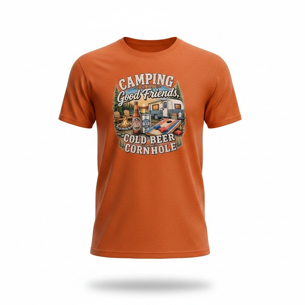 Camping, Good Friends, Cold Beer & Cornhole T-Shirt