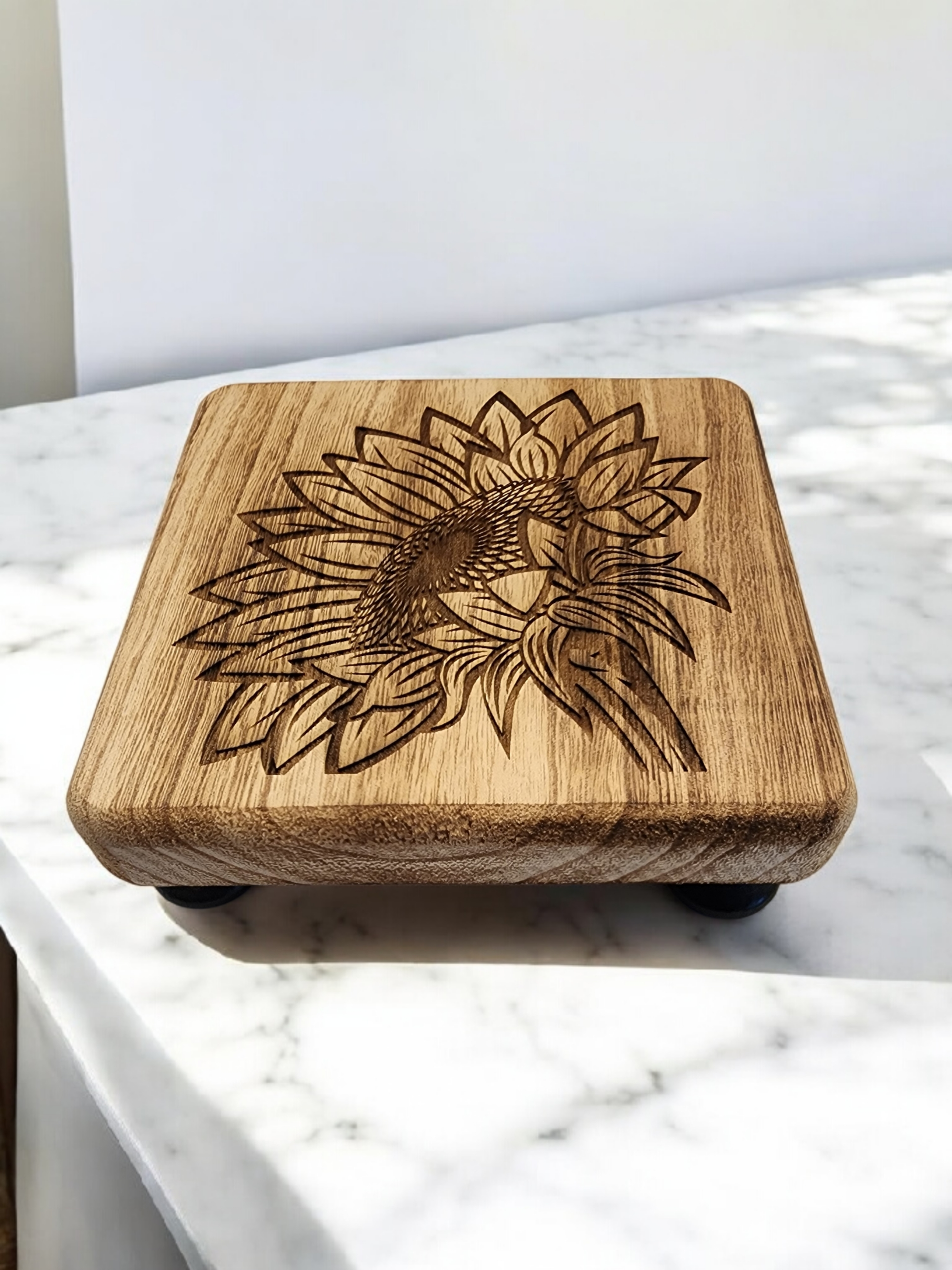 Wooden Engraved Plant Stand-Sunflower