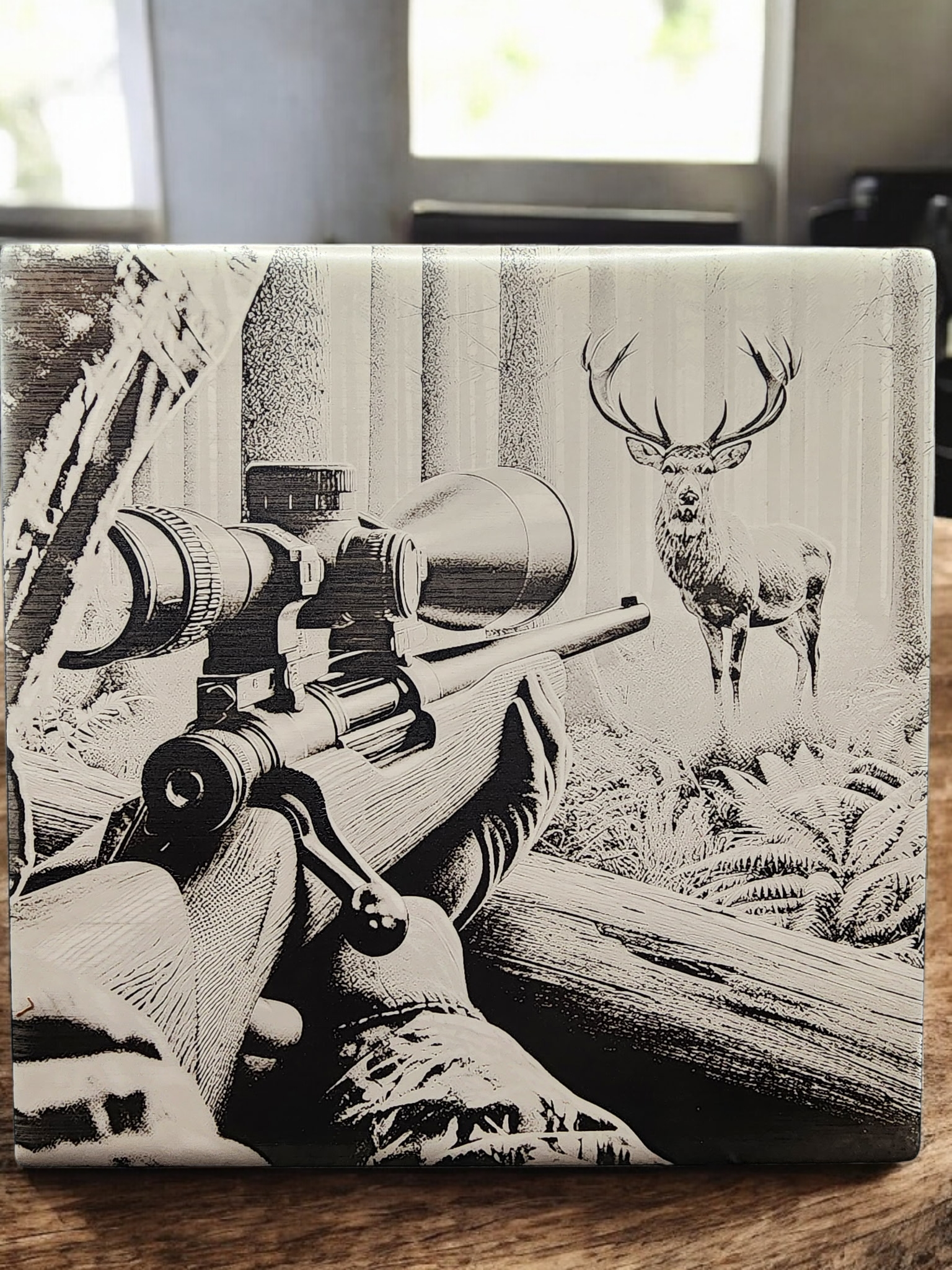 🦌 Engraved Hunting Scene Slate Tile – Deer & Rifle Artwork - 6x6