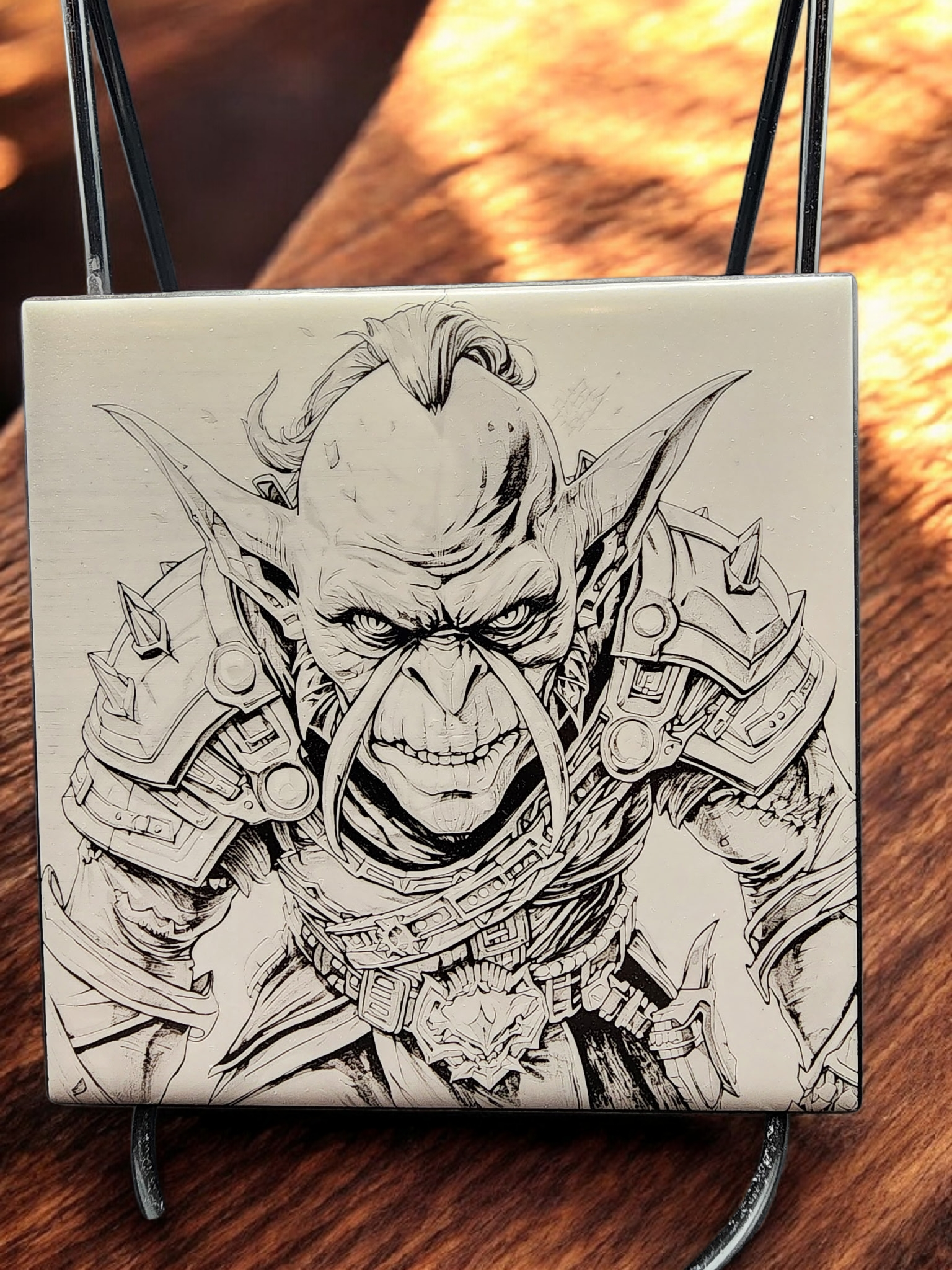 Engraved Fantasy Warrior Goblin Slate Tile - 4x4