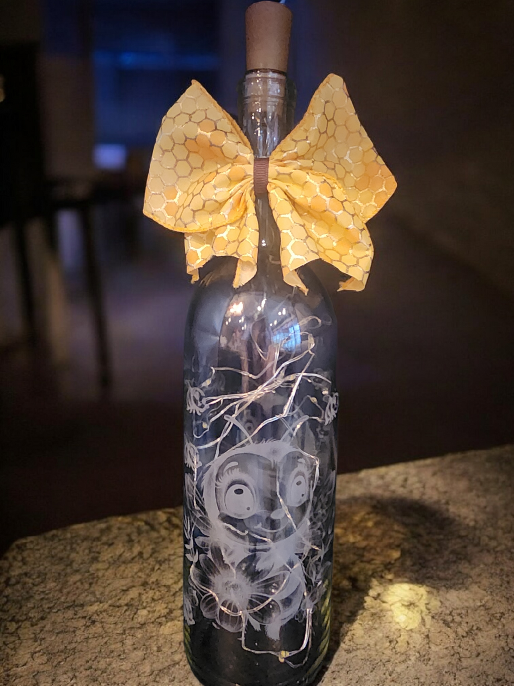 Etched Glass Lighted Bottle – Bee Design with Fairy Lights