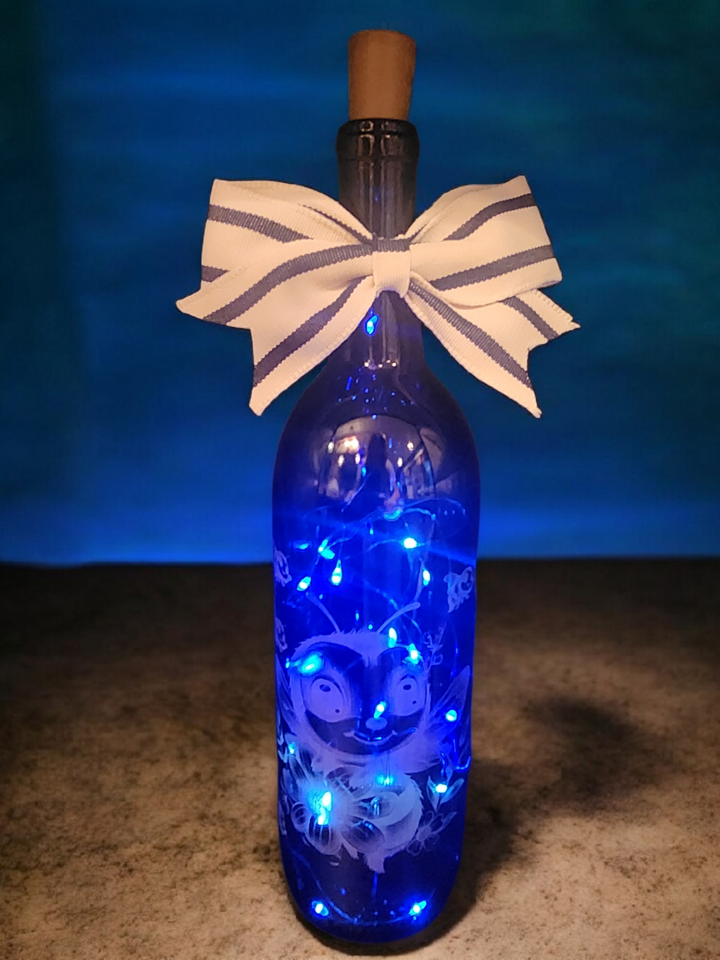 Etched Blue Glass Lighted Bottle – Bee Design with Fairy Lights